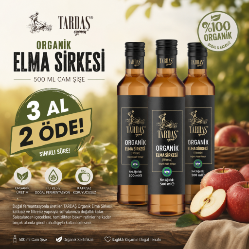 Organik Elma Sirkesi (Filtresiz) 500 ML 3 al 2 öde